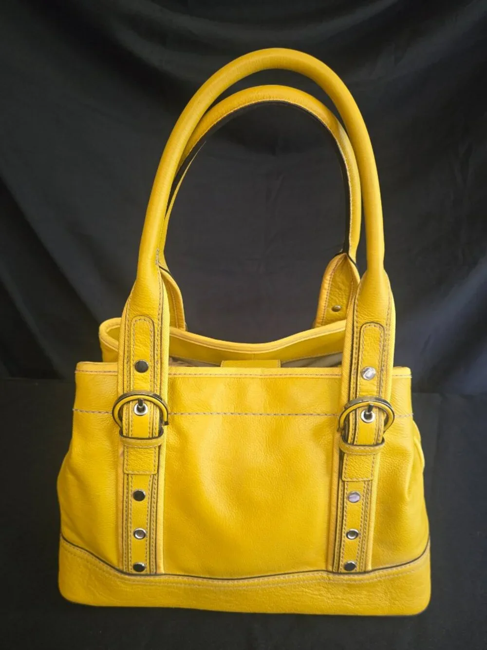 Anne Klein Genuine Leather Yellow Satchel Top Handle Handbag Silver Hardware